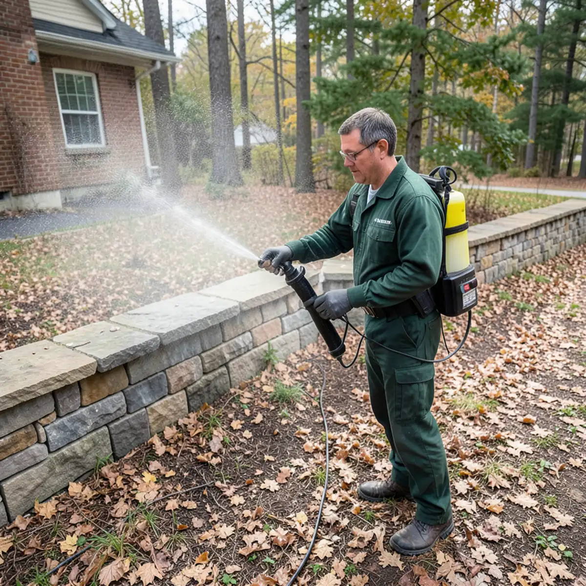 Misting tree line and retaining wall in Adams Ridge subdivision backyard for ticks