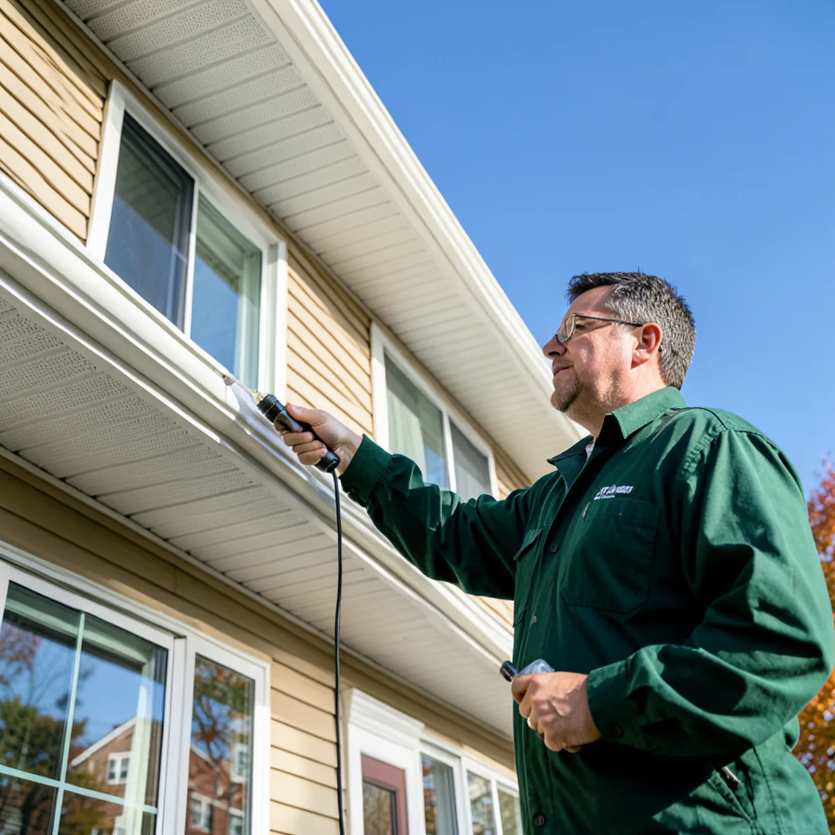High-reach spray wand treating upper siding and soffits on Route 228 corridor home