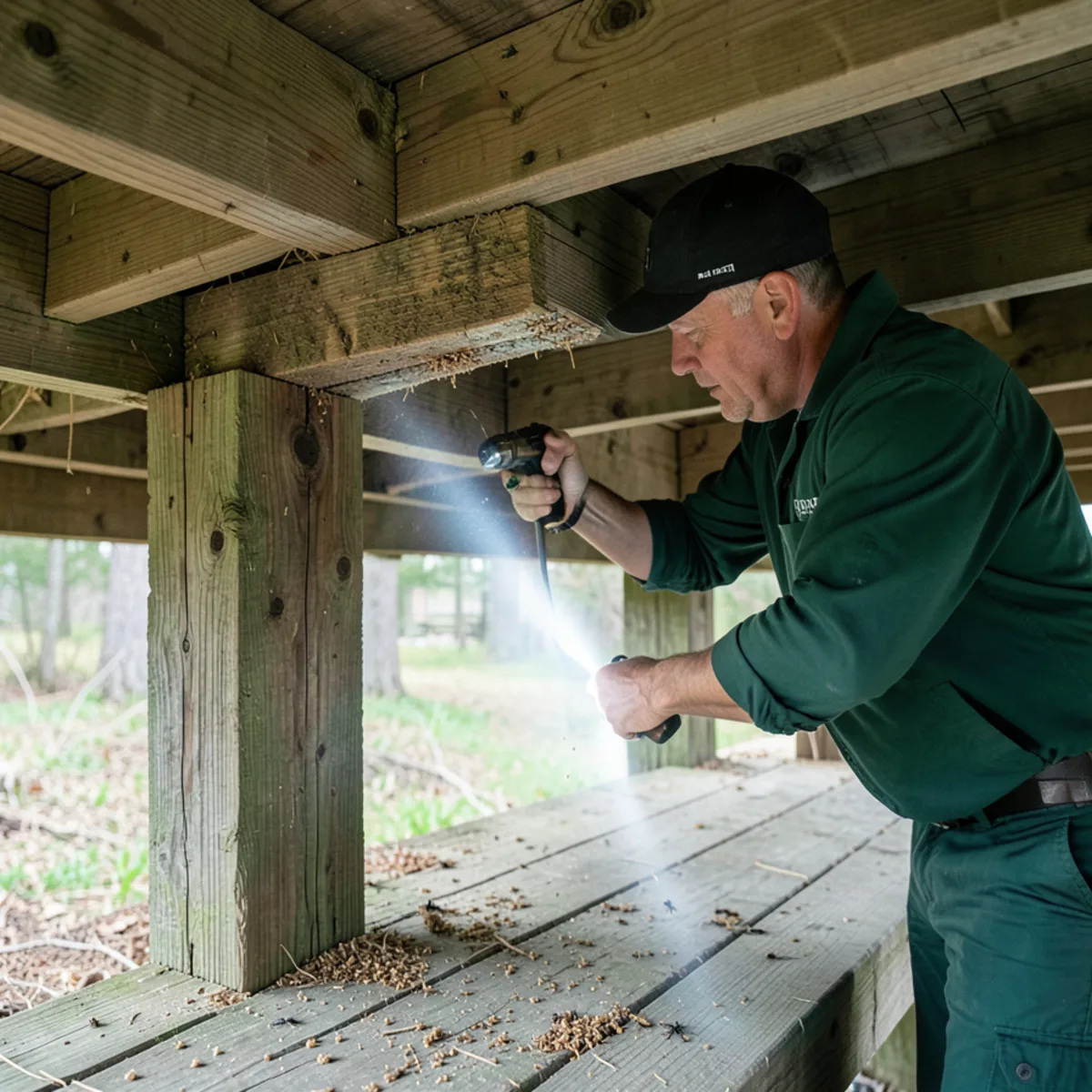 Inspecting deck support posts for carpenter ant wood decay near Buffalo Creek