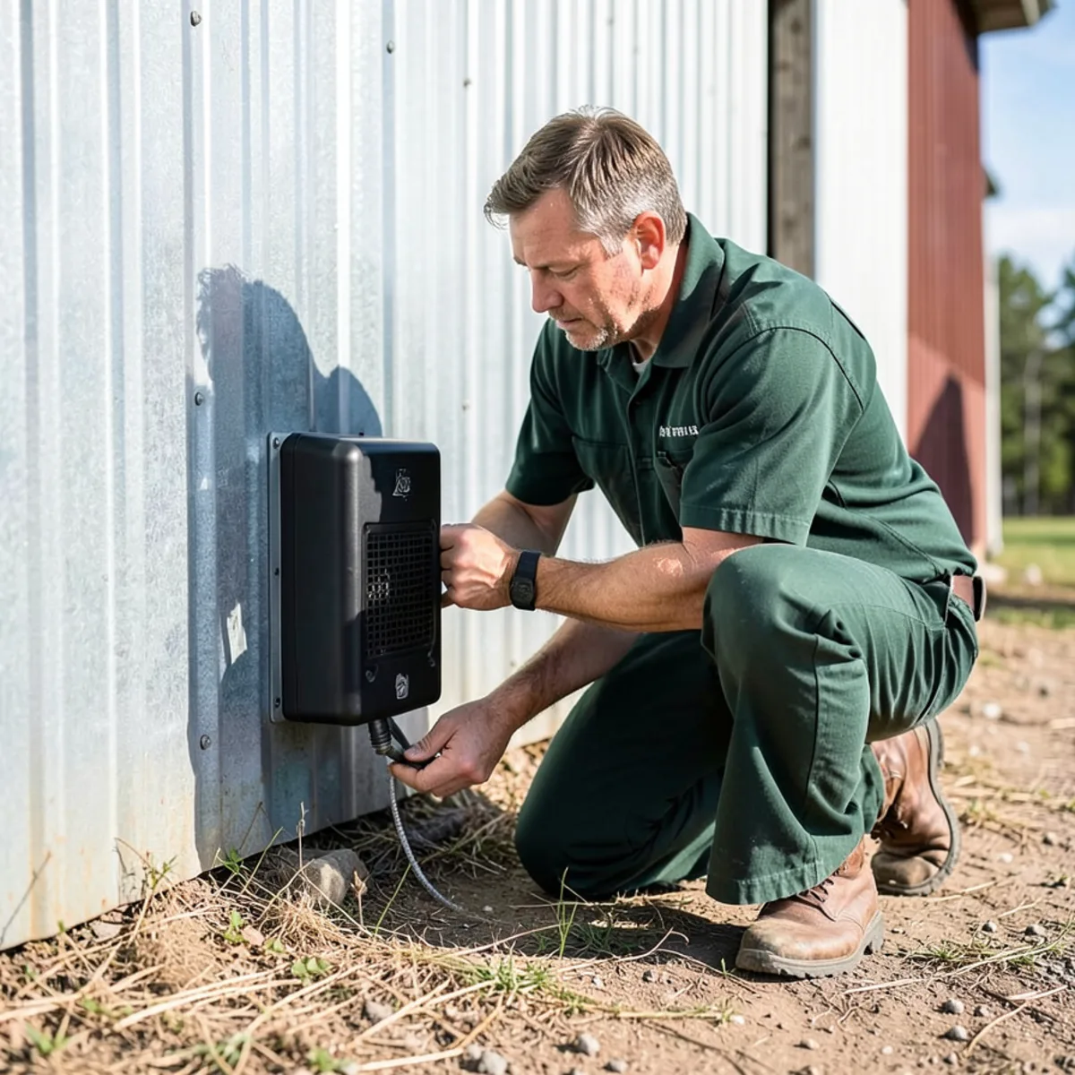 Securing locked bait station along exterior metal siding of rural pole barn in Sarver