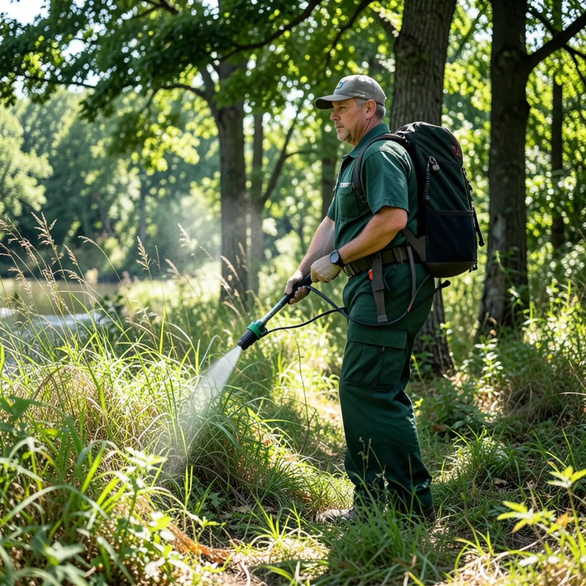 Misting woodland brush along Buffalo-Freeport Trail property border for ticks