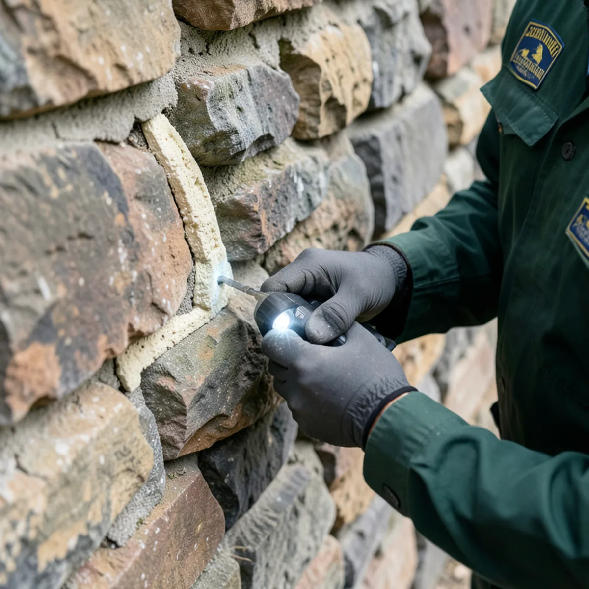 Inspecting mortar joints in a 19th-century Roebling-era stone foundation in Saxonburg