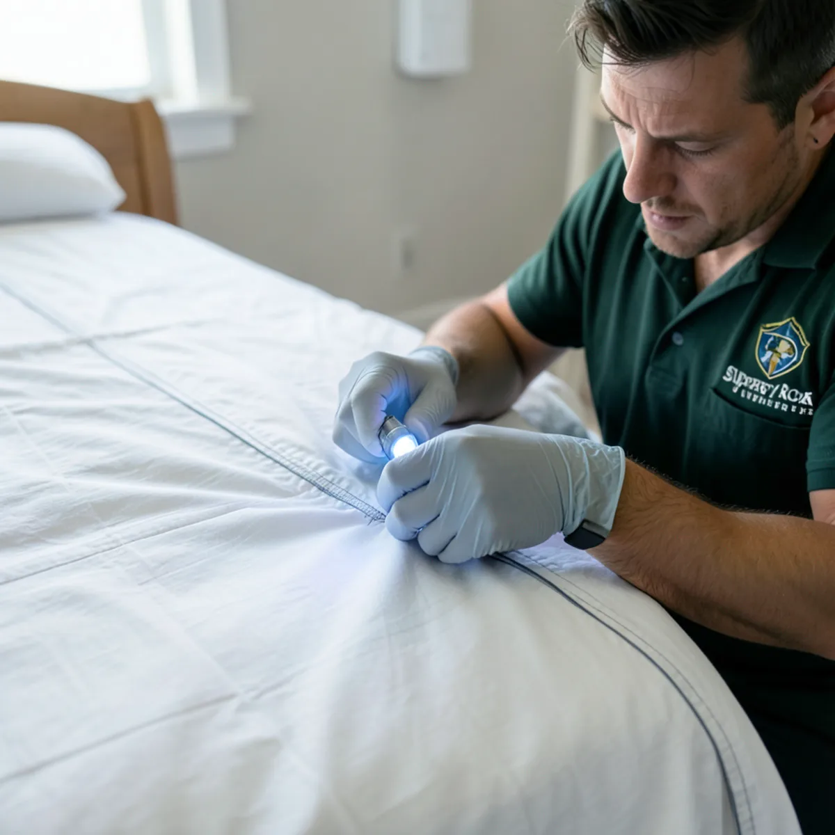 Conducting room-by-room bed bug inspection in student apartment near SRU campus
