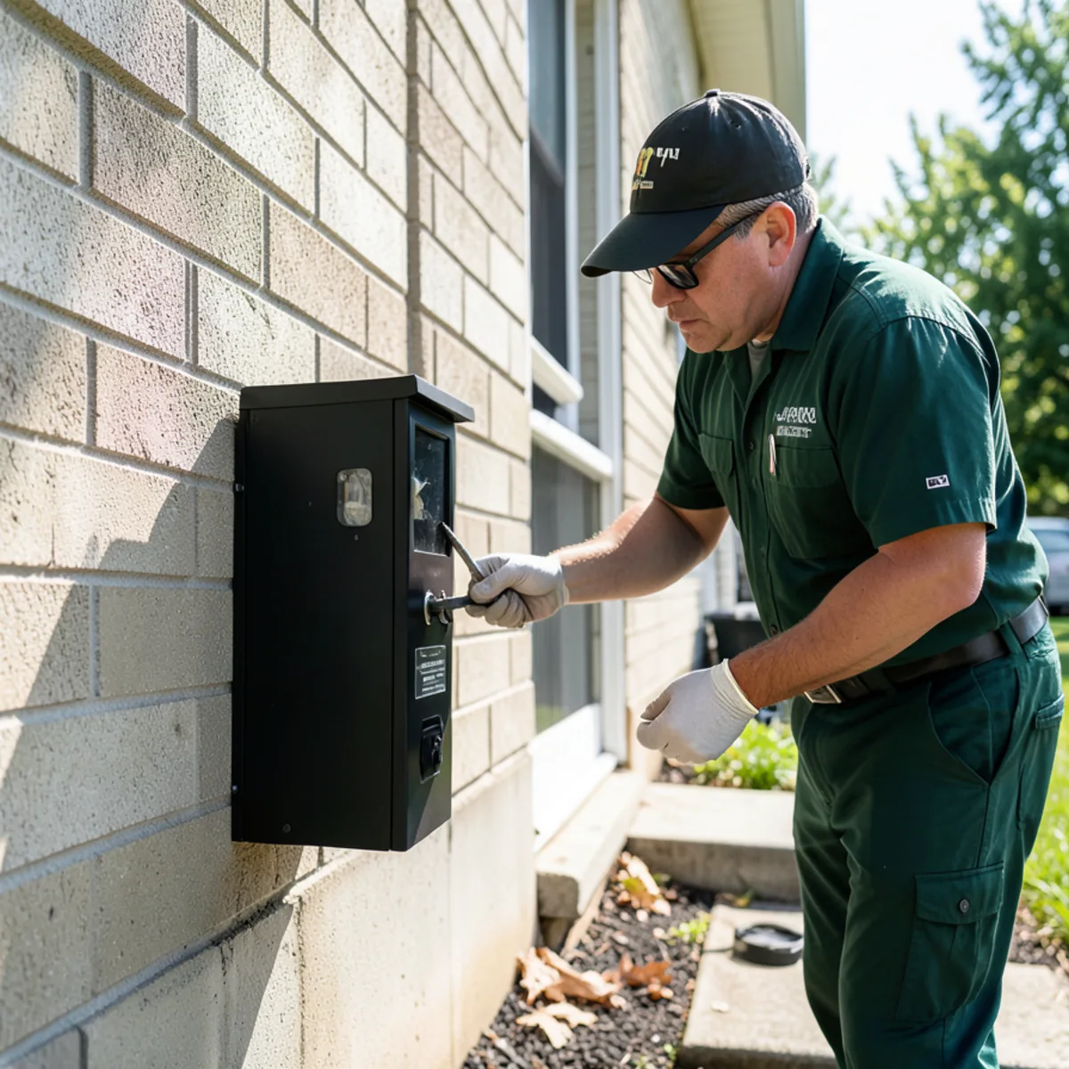 Servicing exterior rodent stations along apartment foundation in Slippery Rock
