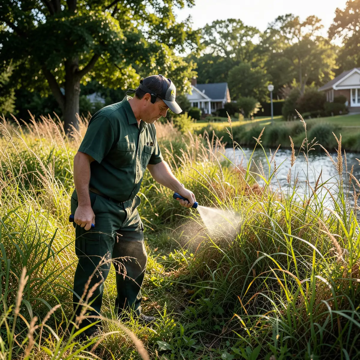 Treating riparian vegetation and shaded grass along Connoquenessing Creek in Harmony