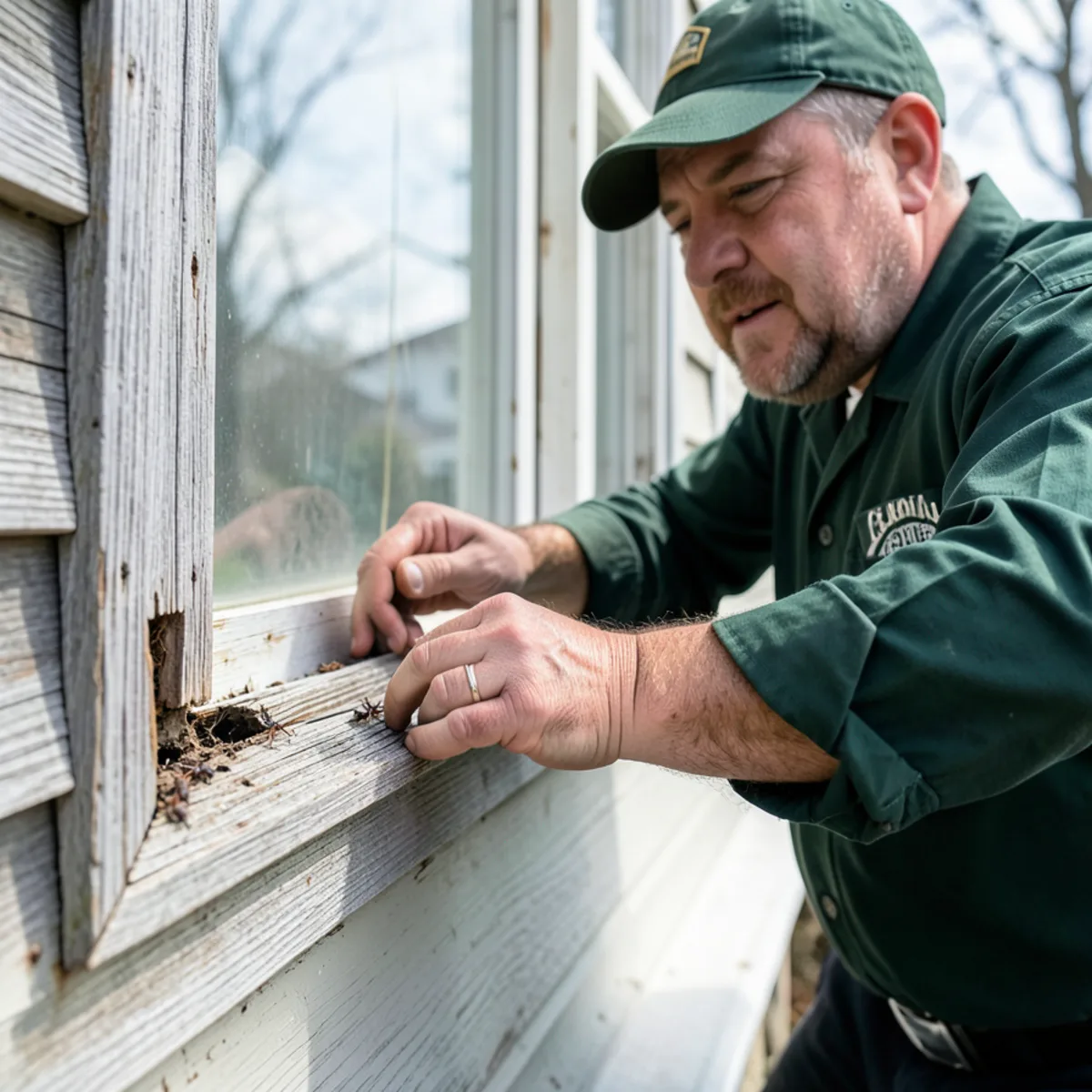 Inspecting aged wooden window sashes on an 1800s brick building in Zelienople