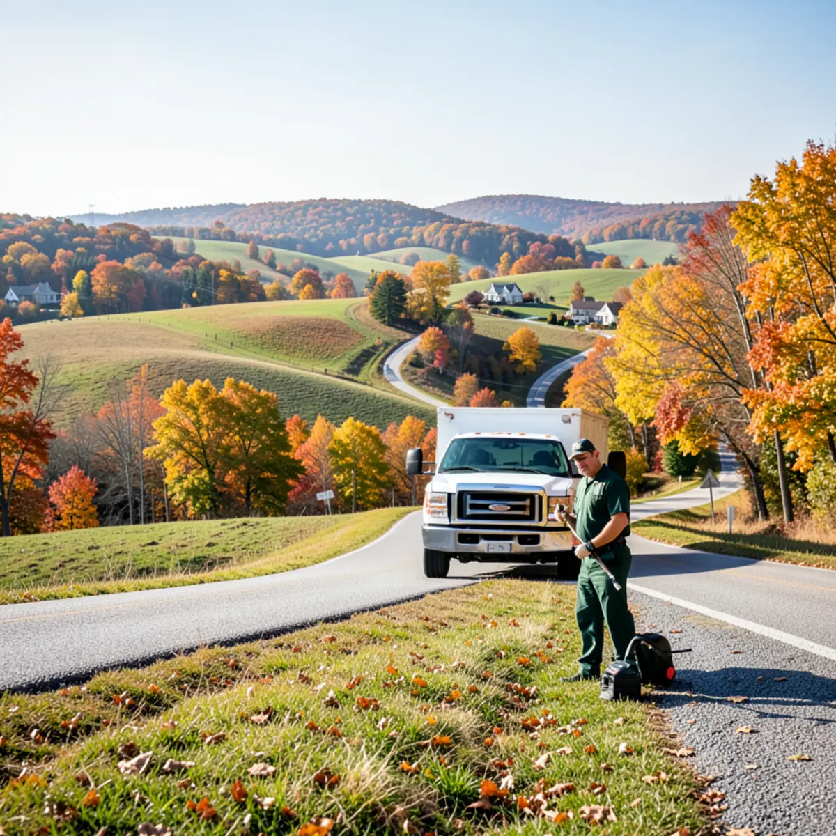 Scenic country road winding through Butler County hills during early autumn