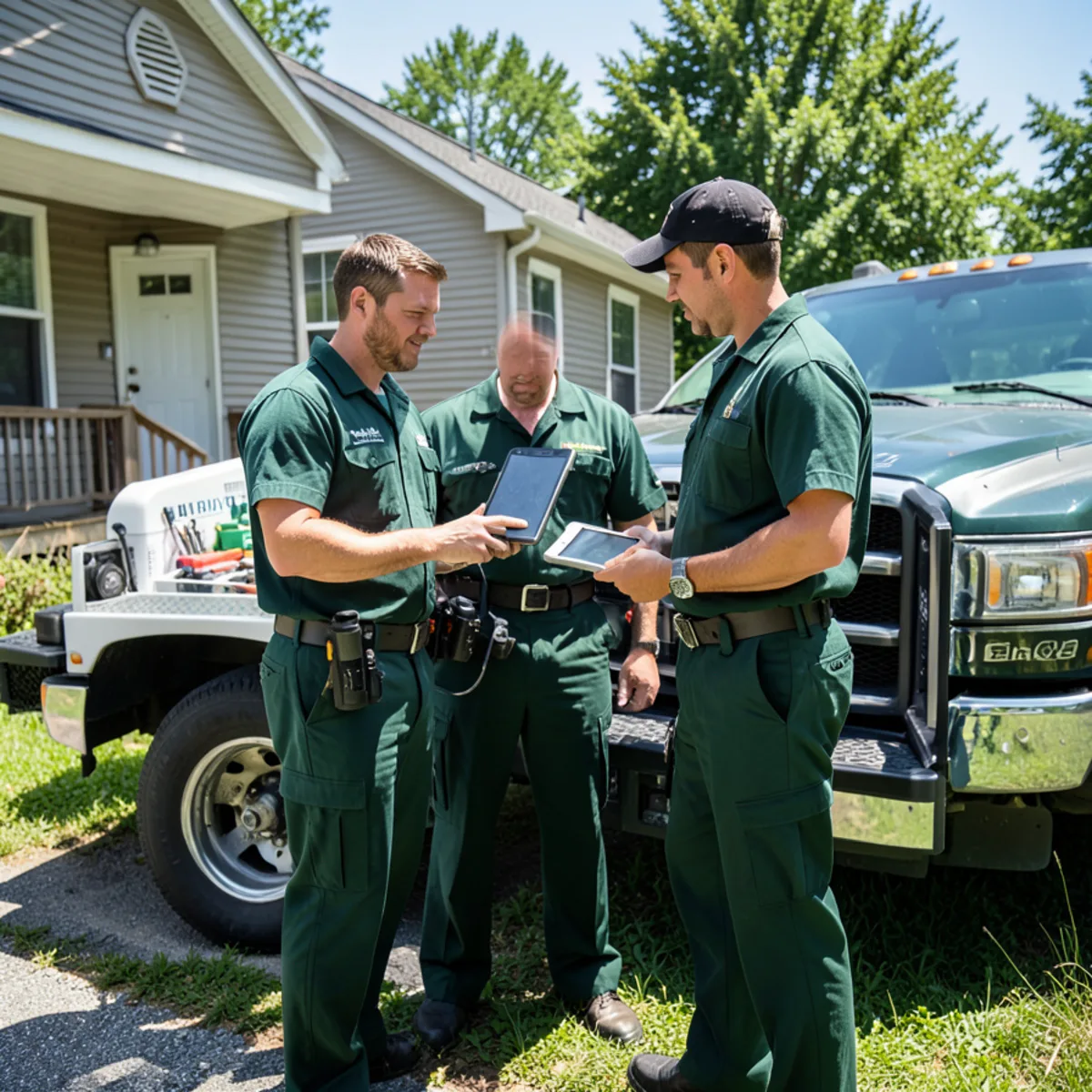 Technicians reviewing service tablets beside service truck in Butler, PA
