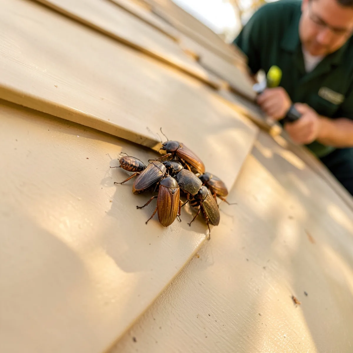 Brown marmorated stink bugs clustered on sunny beige vinyl siding in western PA