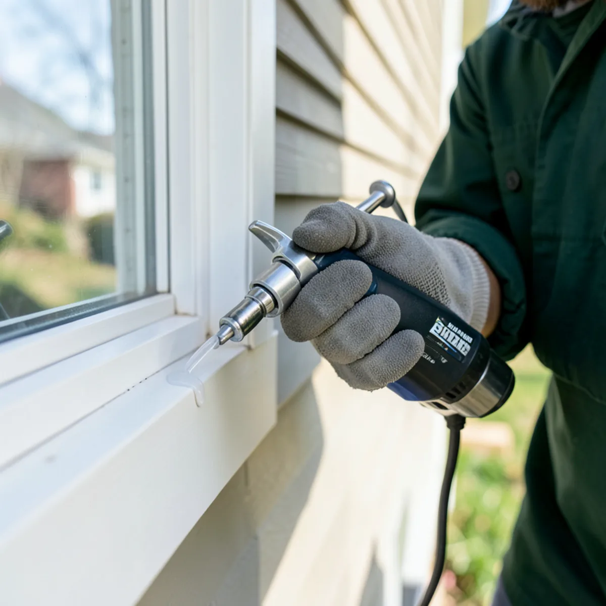 Applying clear silicone bead to exterior window casing seam to block insect penetration
