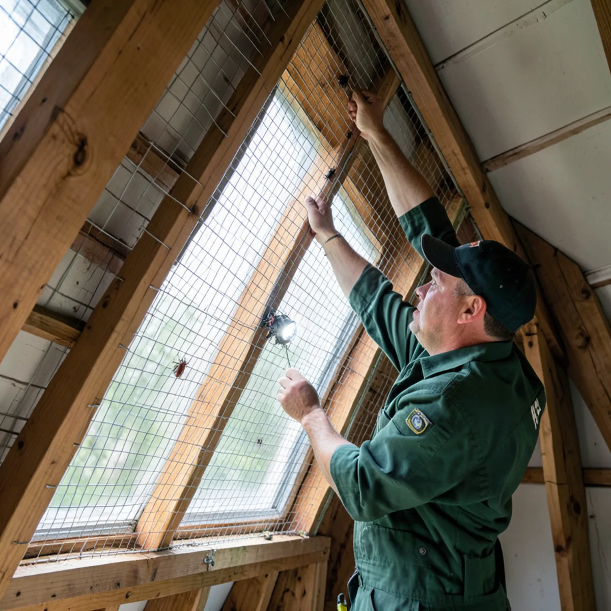 Installing stainless steel fine mesh screen behind attic triangular gable vent