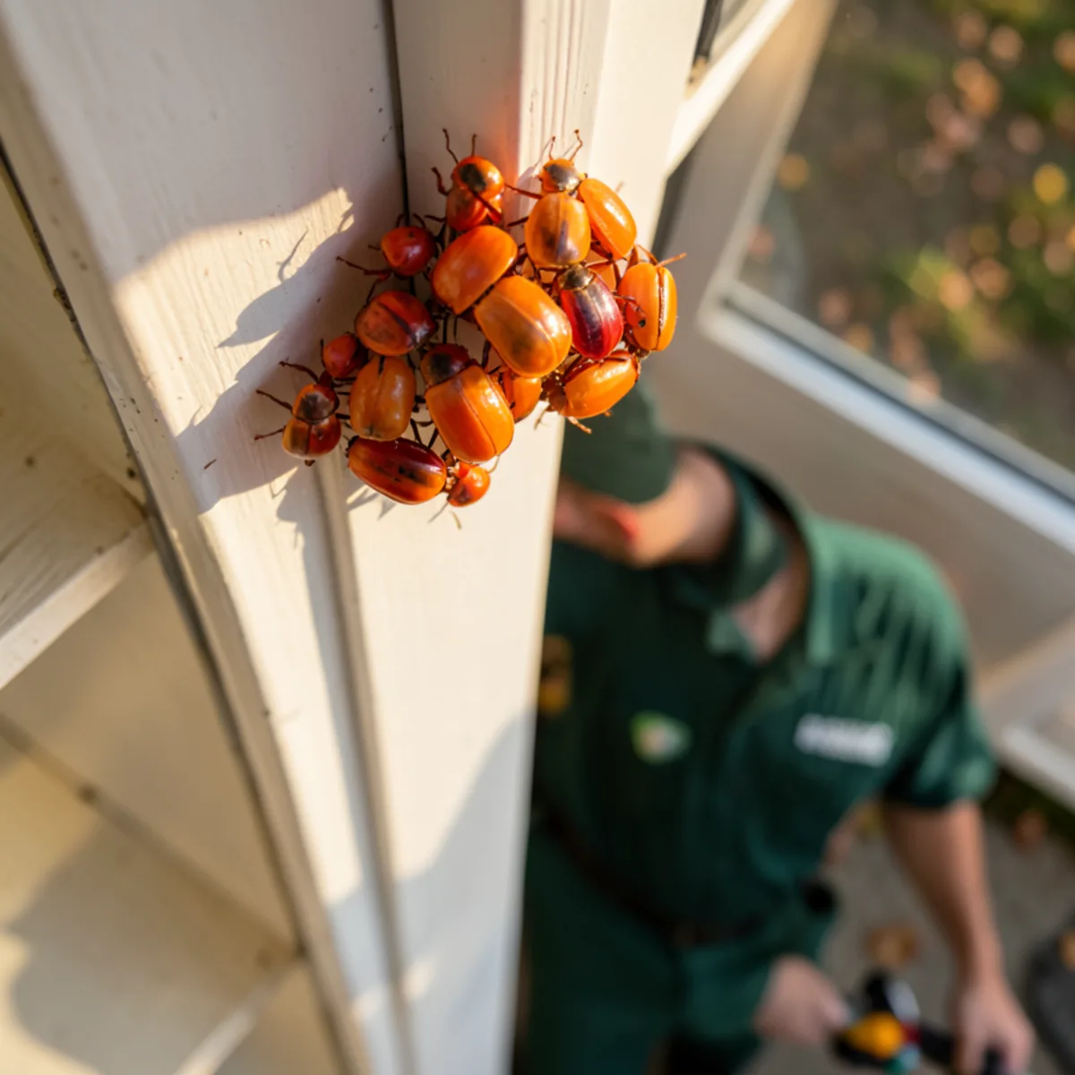 Multicolored Asian lady beetles gathered in upper corner of exterior door frame