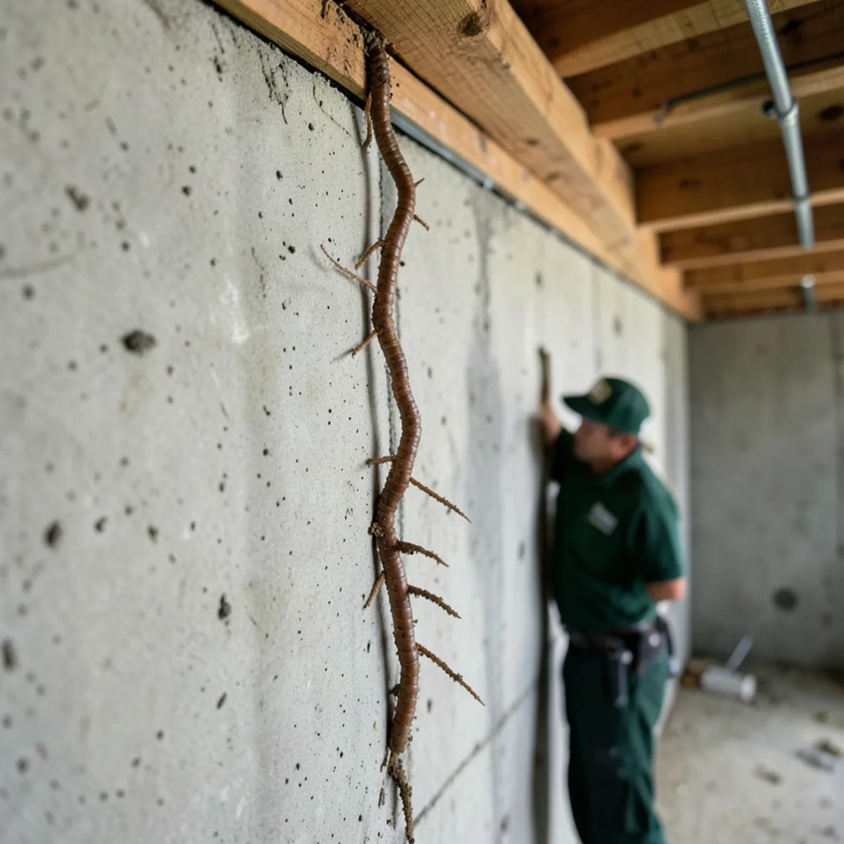 Branching earthen termite mud tubes on concrete foundation wall climbing toward sill