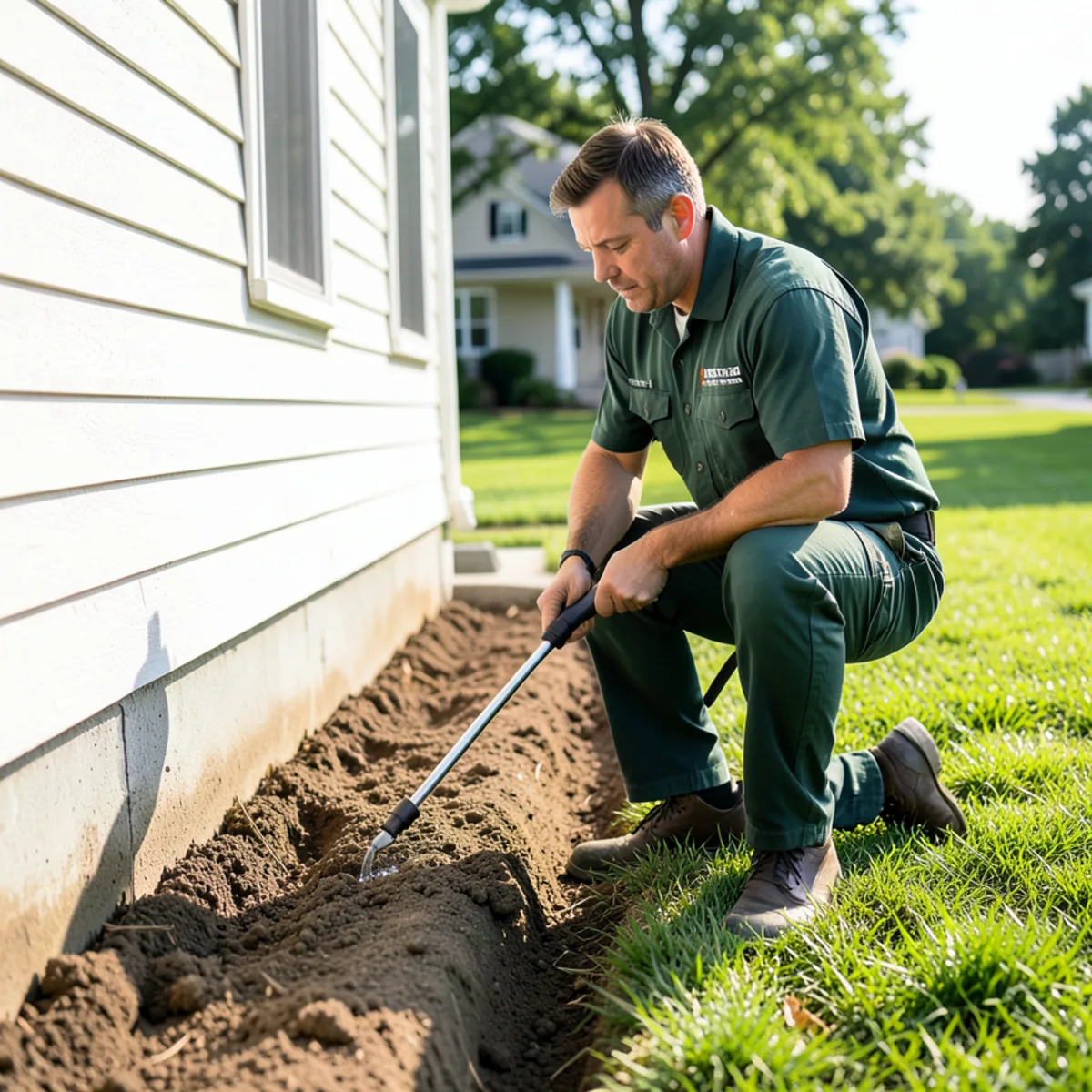Applying non-repellent termiticide liquid into continuous soil trench along foundation
