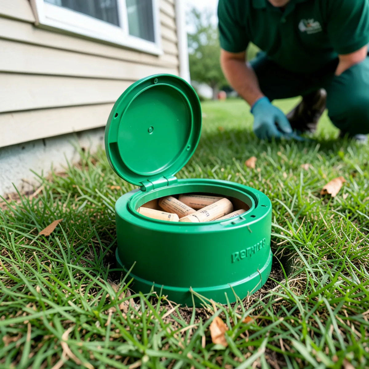 In-ground termite monitoring station installed flush with lawn near house corner