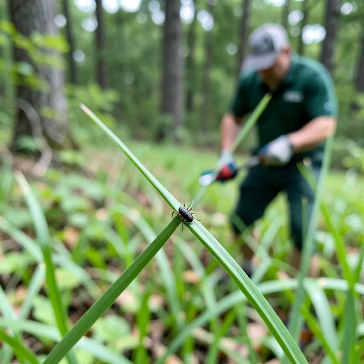 Macro view of tiny dark blacklegged deer tick questing on blade of grass