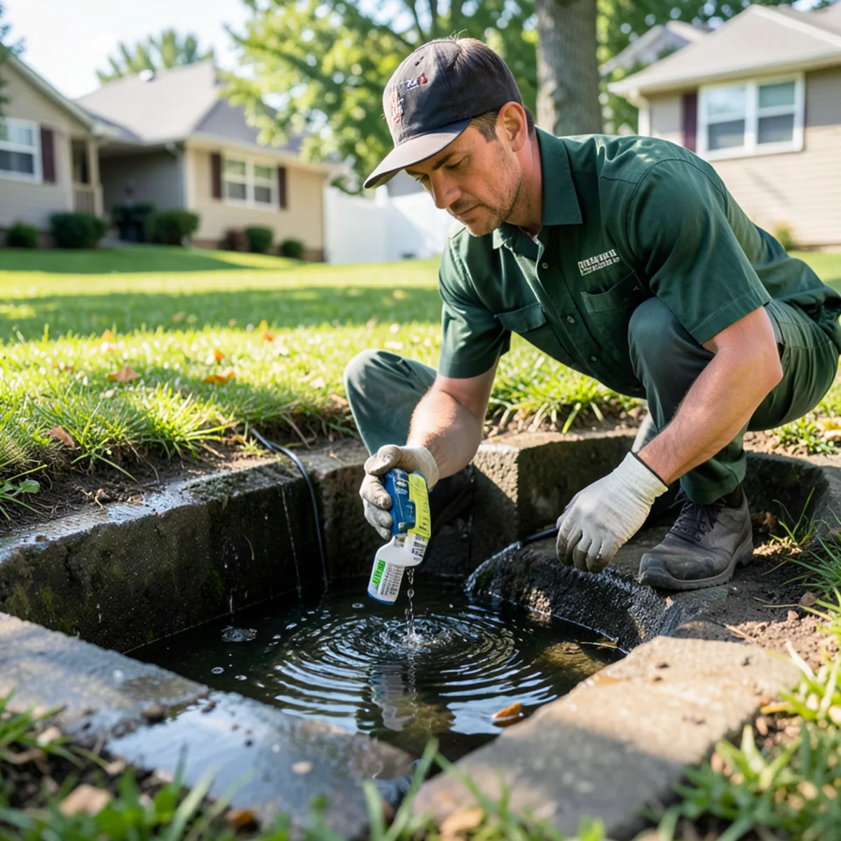 Placing biological Bti larvicide dunk into a catch basin drain collecting rainwater
