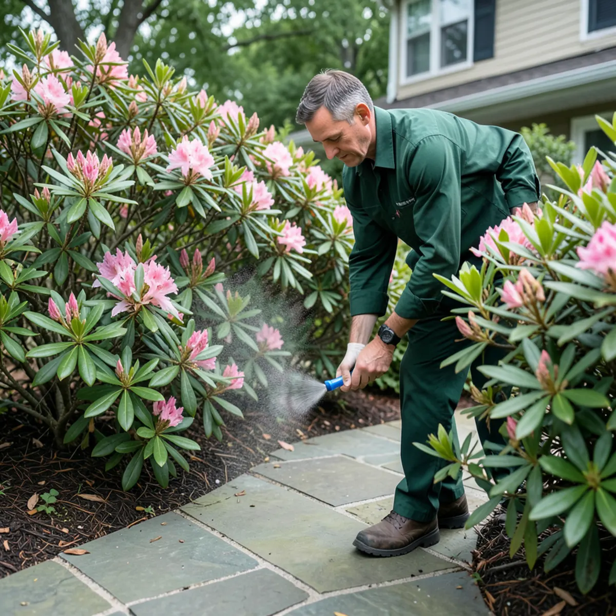 Targeting shaded broadleaf shrubs behind a stone patio for resting adult mosquitoes