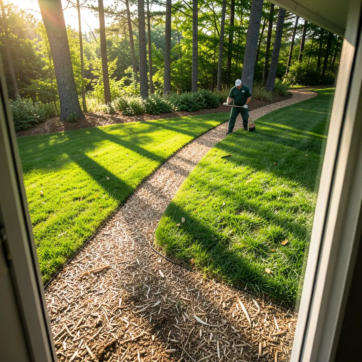 Three-foot wide woodchip mulch border separating grass lawn from woodland edge