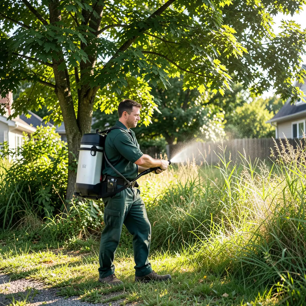 Backpack mist blower treating perimeter brush along a Butler County yard edge